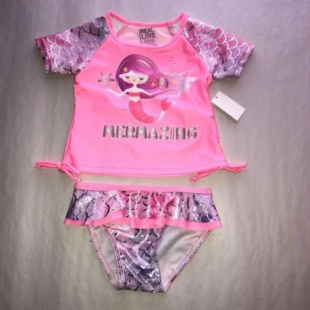 Real Love Mermaid Metallic Two Piece Swimsuit Pink Girls Size 12 Months‎ Ruffle